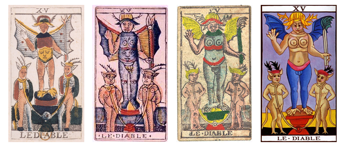 Four versions of the Devil trump of the Tarot de Marseille